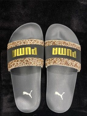 Puma Gray Slides with Leopard Strap and Gold Logo
